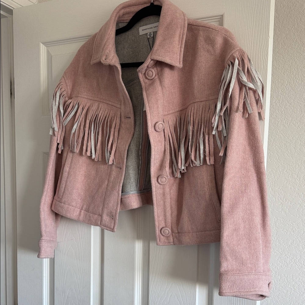 Something Navy Pink Fringe Bomber Jacket